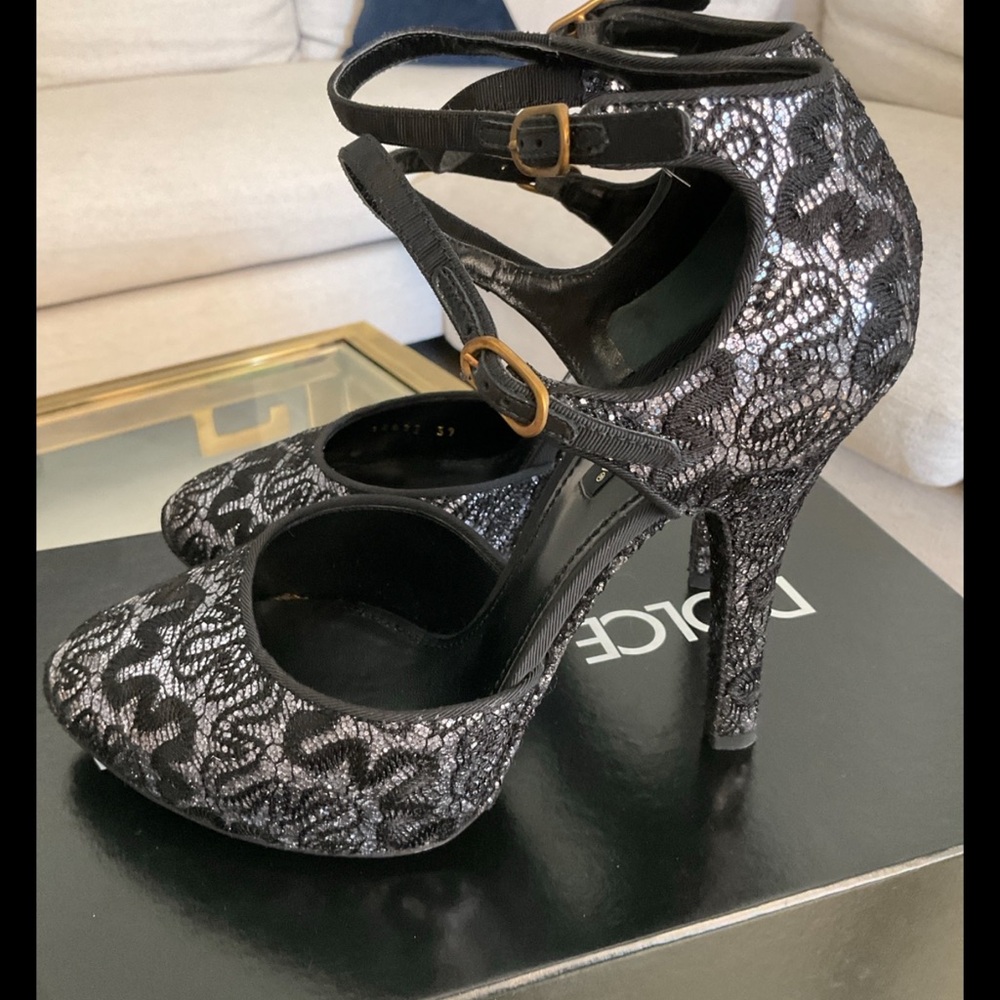 Dolce & Gabbana Decollete Glitter Pizzo Argento black lace platform pump, 39 - Picture 3 of 8